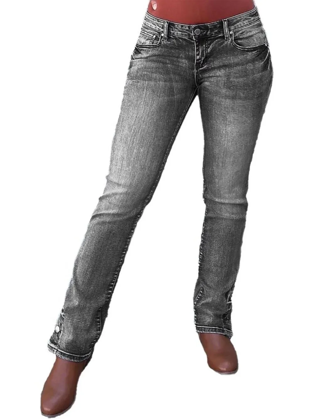 Women's Black Pull On Casual  Mid Rise Flare Leg Zipper Lifting Bootcut Jeans
